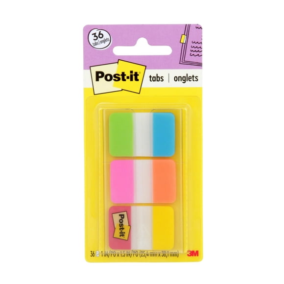 Tabs Post-it, 2,54 cm, sólido, aguamarina, amarillo, rosa, rojo, verde y naranja