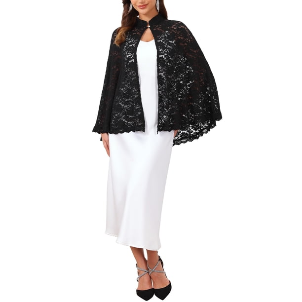 INSPIRE CHIC Capa de Encaje para Mujer para Boda, Cóctel de Noche, Cuello Alto, Gótico, Vintage, Capa Larga, Tallas S, Negro