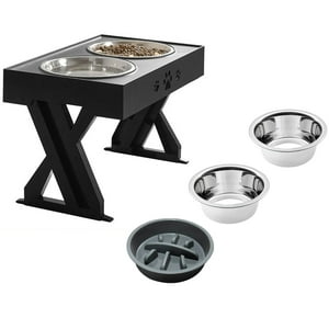 Lernen - Comedero Y Bebedero Para Perros Altura Ajustable Negro - Plato Acero Y De Dificultad