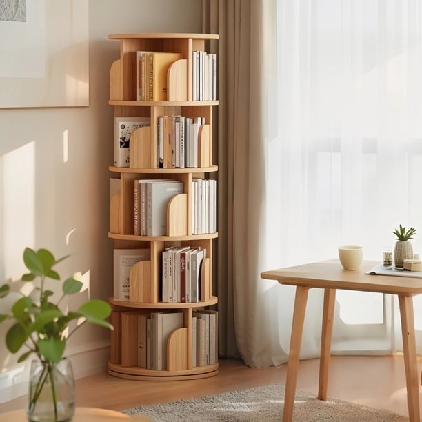 5 Tier Rotating Bookshelf, 360° Display Round Spinning Bookshelf, Space-Saving, Small Space Rotating Bookshelf Tower for Bedroom, Living Room, Home, Office, Wood Color