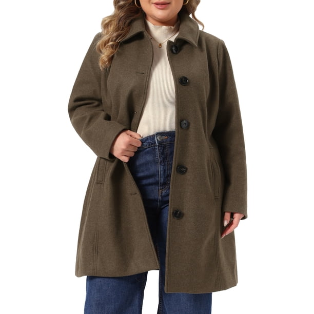 Abrigo de Mujer Talla Grande Agnes Orinda con Cuello de Solapa, Un Solo Pecho, Largo Medio, Manga Larga, Invierno, Suave, Cálido, Casual, de Negocios, con Bolsillo 3X Marrón