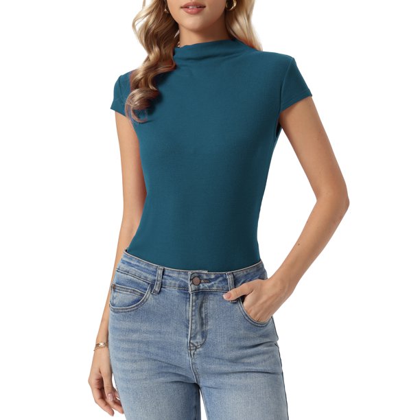 INSPIRE CHIC Suéter de Manga Corta para Mujer Cuello Simulado Casual Tejido Ajustado Jersey Delgado XL Azul Lago