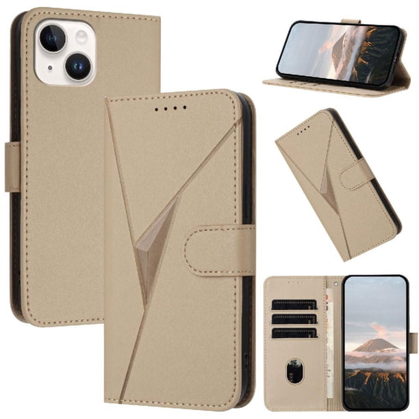 Funda Cartera Fibra de Carbono para iPhone 14 Plus con Soporte y Cierre Magnético Oro