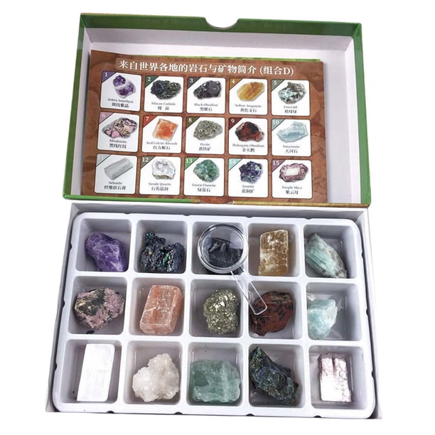 15 piezas Deluxe Rock and Mineral Collection Science Crystals Hoja de descripción Kids' Gemstone Crystal Kit-para cumpleaños de niños, principiantes,