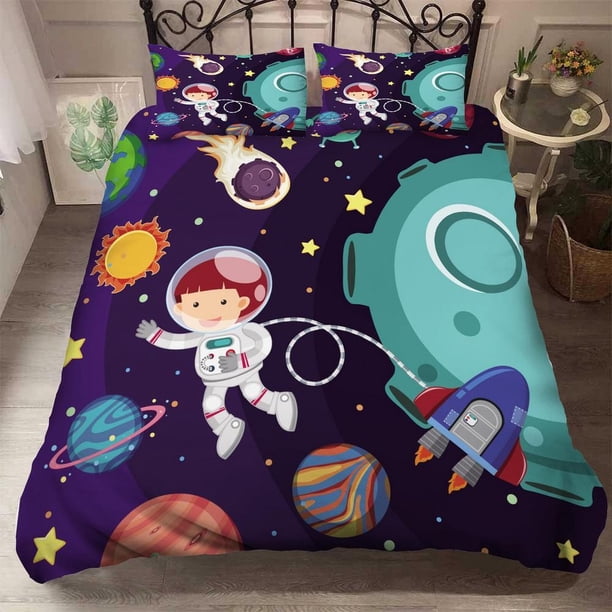 Cartoon Space Universe Planet Stars Quilt Duvet Cover Set Children3-Piece Bedding Set