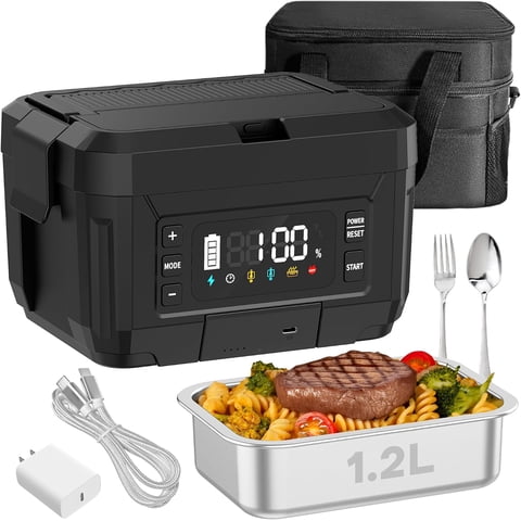 Farmers - Battery Powered Heated Lunch Box - 20000Mah Cordless Electric Lunch Box For Adults, 1.2L Stainless Steel Self-Heating Food Warmer With Removable Battery, Portable For Work, Office, & Travel