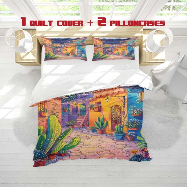 3pcs Southern European Landscape Print Three Piece Bedding Set Soft Quilt Cover And Two Pillowcases