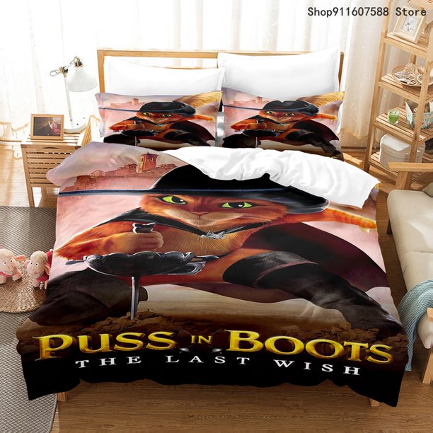 x551 Bed SheetsPuss In Boots Bedding Set Cartoon Bed Linen Twin Size Gift For Kids Boys Girls Cute Cat Wolf Hot Movie Duvet Cover Set 3-Piece Bedding Set (1 Duvet Cover + 2 Pillow Shams) nj551