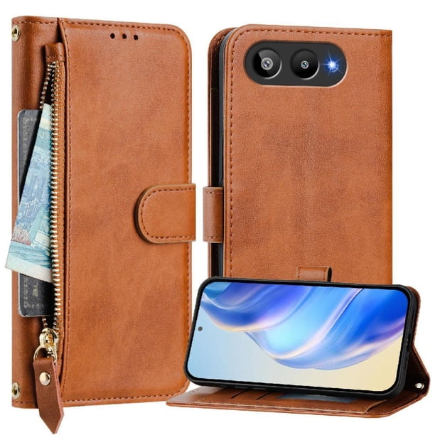 Funda Billetera Cremallera para BLU G95 con Porta Tarjetas, Soporte y Correa Marrón