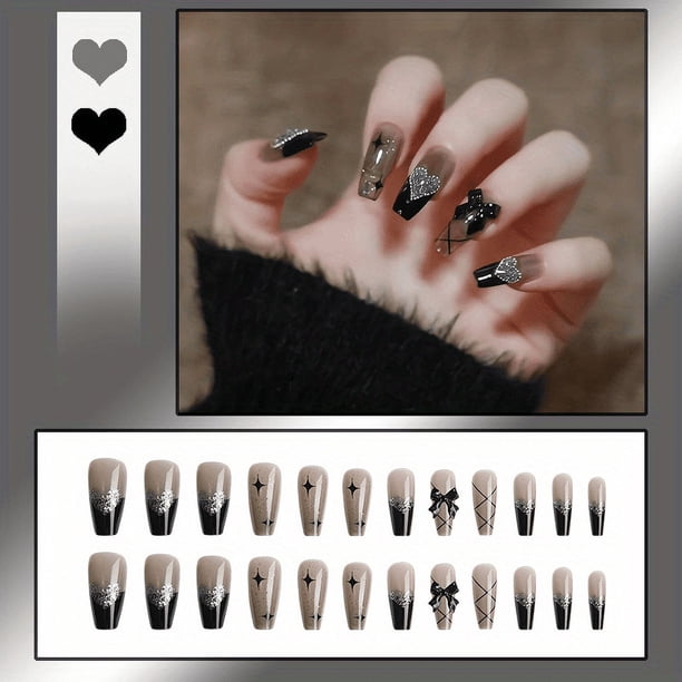 24pcs Heart Design Press On Nails with Rhinestones - Long Coffin Fake Nails for Women, Girls, and Men - Full Glue On Acrylic Artificial Nails for Manicure Art Decorations