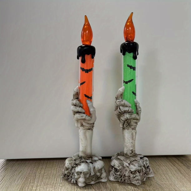 2pcs Halloween Skull Candle Holder, LED Light Skeleton Ghost Hand, Flameless Candle Lamp, Party Bar Decoration, Decor With Button Battery