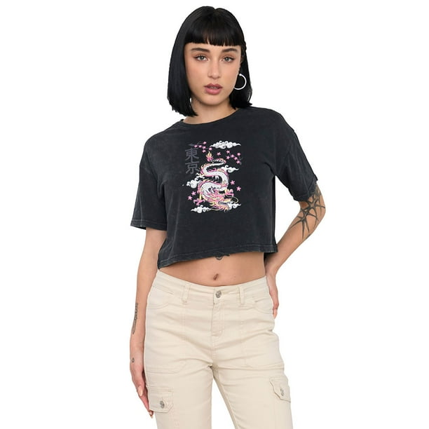 Polera Mujer Fun Negro Manga Corta Crop Corona