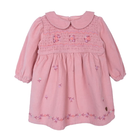 Vestido Bebé Niña Manga Larga Cotelé Bordado Floral Arena