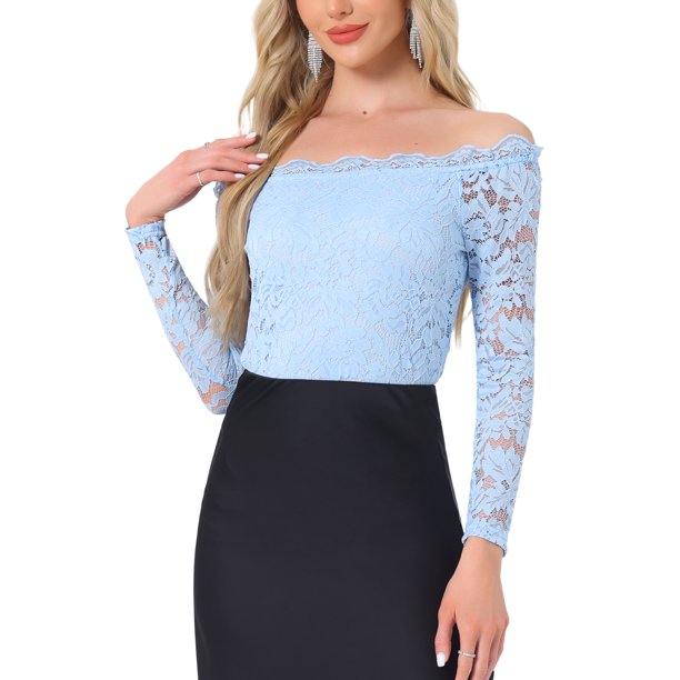 INSPIRE CHIC Blusa de Encaje Floral para Mujer con Hombros Descubiertos y Mangas Largas Transparentes S Azul Cielo