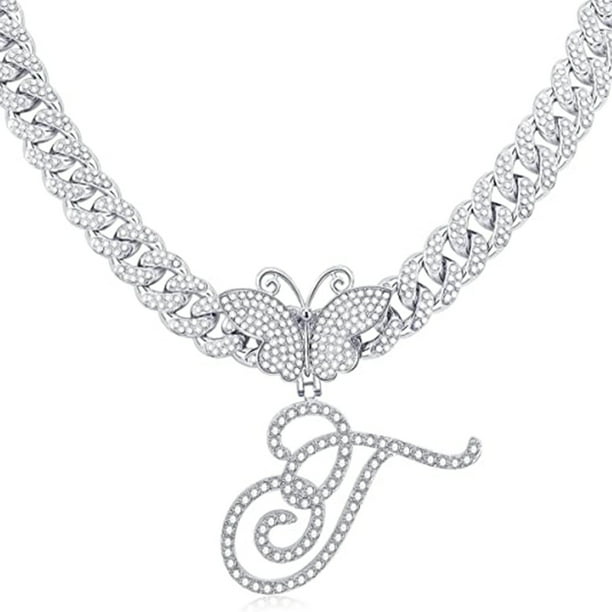 Stylish Hip Hop Cuban Butterfly Necklace with White Letter Initials