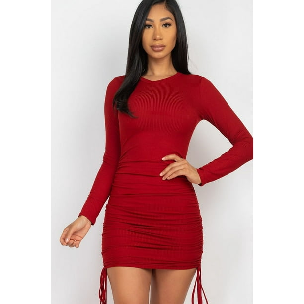 Vestido Ajustado de Manga Larga Acanalado con Cordón Ajustable