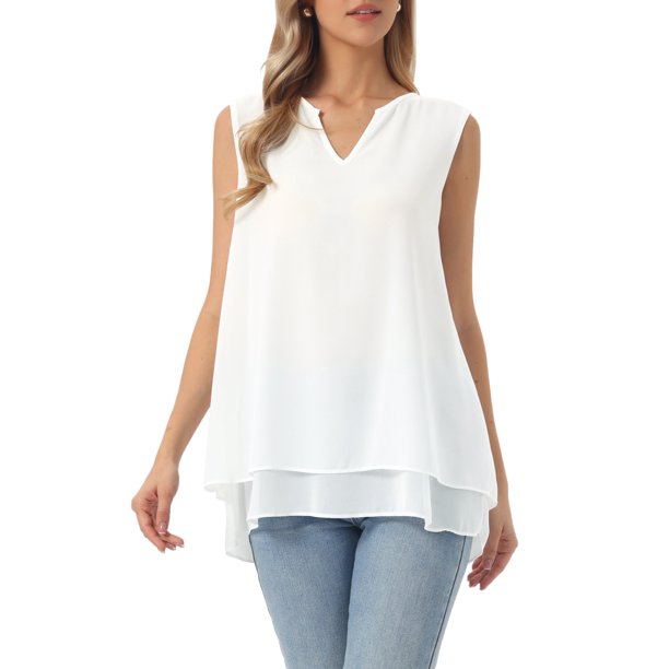 INSPIRE CHIC Blusa de Chifón para Mujer Cuello en V Sin Mangas Doble Capa Tops de Tirantes Sueltos Camisas Casuales S Blanco