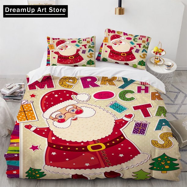 Christmas Tree Deer Santa Claus Printed Duvet Cover Set For Kids Teen Christmas Gift Bedding Set