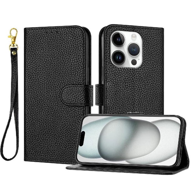 Funda Cartera para iPhone 16 Pro Max Tarjetero Soporte Magnético y Correa Negro