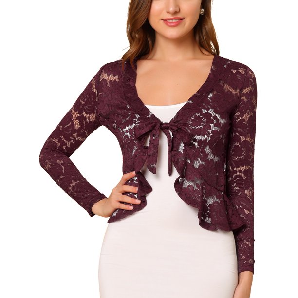 INSPIRE CHIC Bolero de Encaje Floral para Mujer con Dobladillo Volante, Cárdigan Corto con Lazo Frontal, Ligero para el Verano, Color Burdeos XS