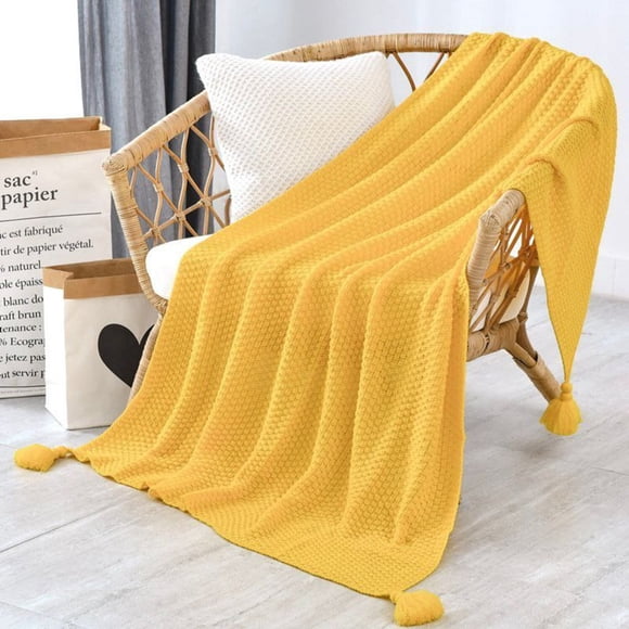 Manta Nordica Con Borlas Tejida Frazada Decorativa 127x172cm Amarillo