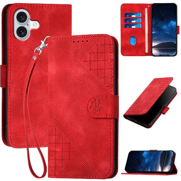 Funda Flip Premium Fibra de Carbono para iPhone 16 Plus con Soporte y Cierre Rojo