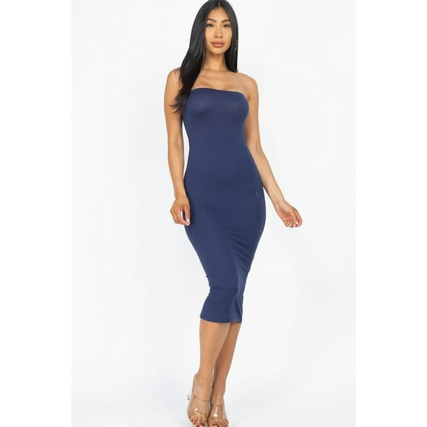 Saronite Vestido Midi Básico Ajustado sin Tirantes, Azul Marino (para Mujer)