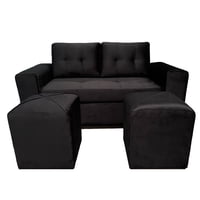 Mueblesjd - Sofá Cataluña + 2 Puff Felpa Negro