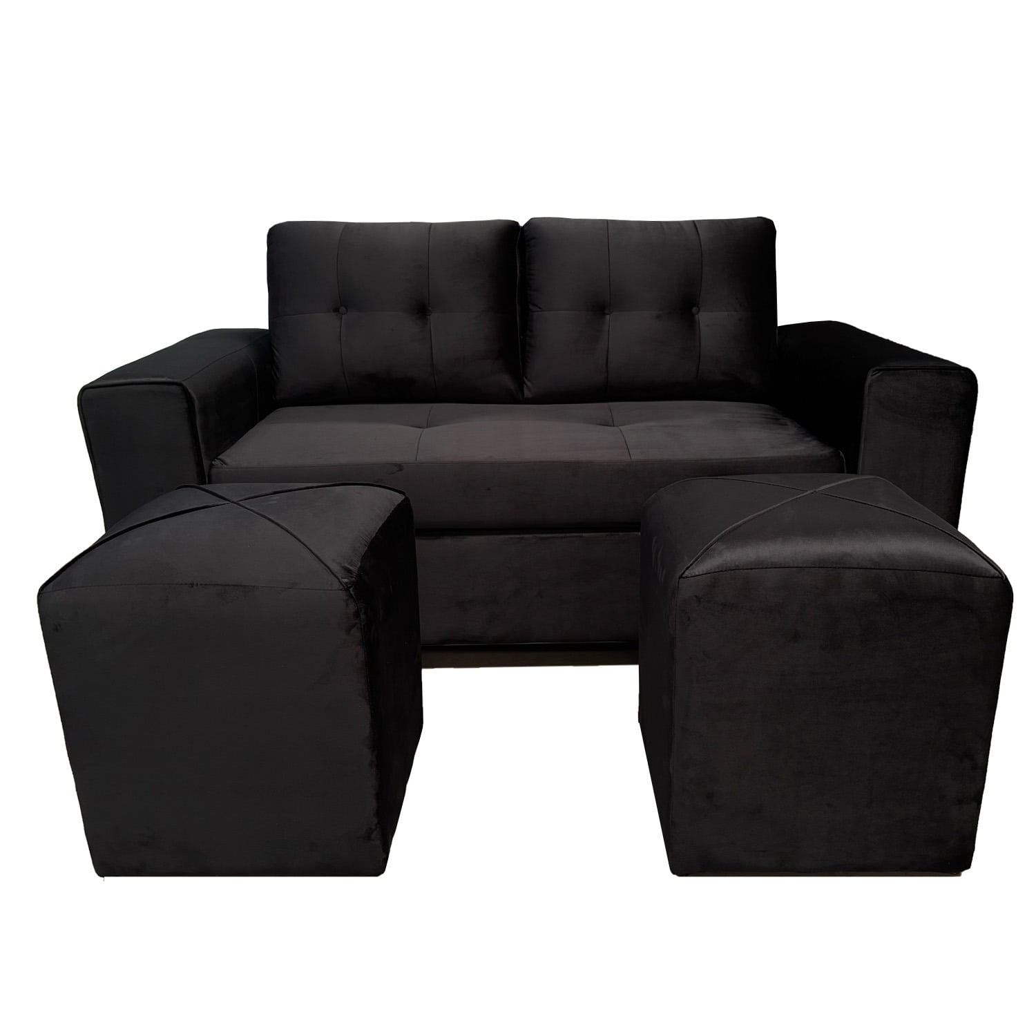 Mueblesjd - Sofá Cataluña + 2 Puff Felpa Negro