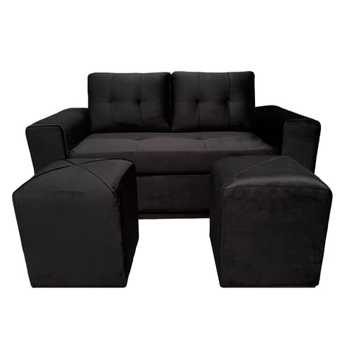 Mueblesjd - Sofá Cataluña + 2 Puff Felpa Negro