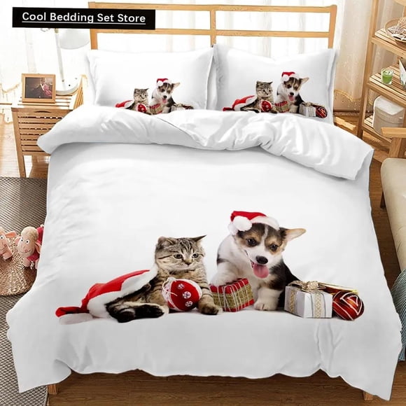 x1911 Bed SheetsCat Duvet Cover Cats and Dogs Play Christmas Animal Pet Bedding Set for Kids Teens Size Polyester Qulit Cover 3-Piece Bedding Set (1 Duvet Cover + 2 Pillow Shams) nj1911