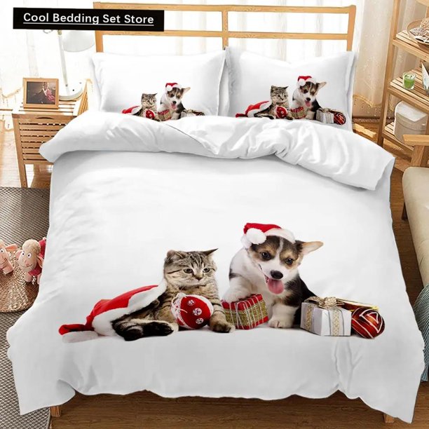 x1911 Bed SheetsCat Duvet Cover Cats and Dogs Play Christmas Animal Pet Bedding Set for Kids Teens Size Polyester Qulit Cover 3-Piece Bedding Set (1 Duvet Cover + 2 Pillow Shams) nj1911