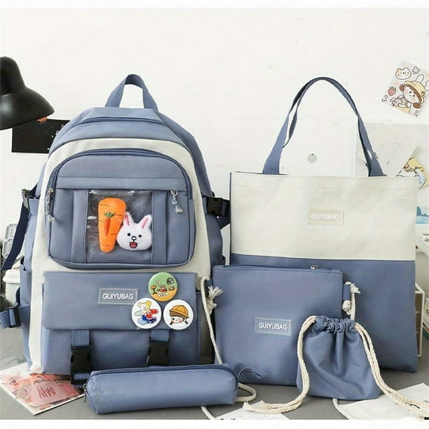 2023 New Double Pocket Backpack Fashion Trendy Backpack 5pcs Multi-functional Large-capacity School Bag