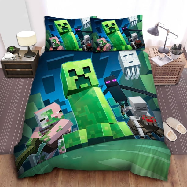 Minecraft Monster Illustration Bedding Set: Duvet Cover & Bed Spread3-Piece Bedding Set (1 Duvet Cover + 2 Pillow Shams)