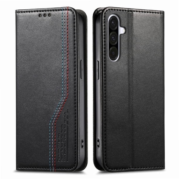 Funda tipo cartera para Samsung Galaxy A57 de piel con cierre magnético, ranuras para tarjetas y correa para la muñeca Negro