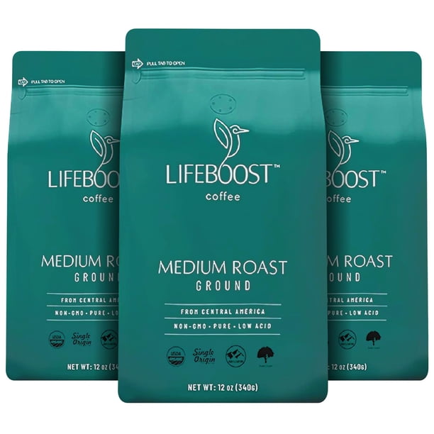 Coffee Lifeboost, molido, tostado medio, 12 onzas, paquete de 3 unidades, orgánico