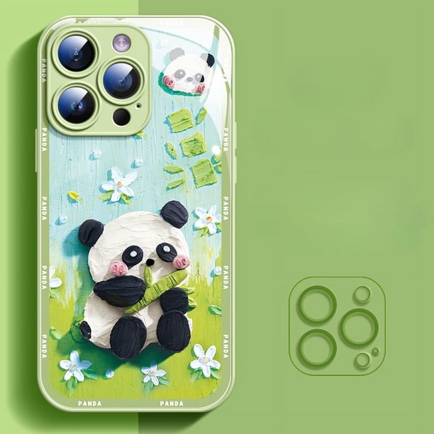 For 14 Phone Case Panda Bamboo Female Liquid Glass With Built-in Lens Film New Model Suitable For IPhone 14/13promax+ 12 Silicone Plus Lens Full Package Anti-drop Couple Phone Case