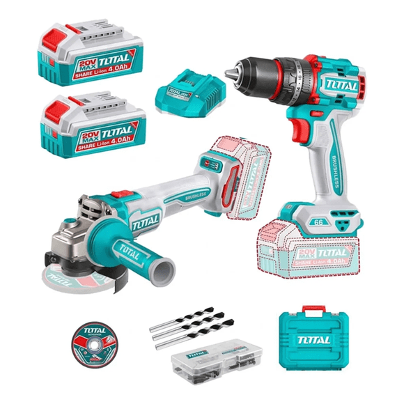 Combo TOTAL 20V TCKLI20256 Taladro Percutor + Esmeril 4 1/2" + 2 Baterías + Maleta