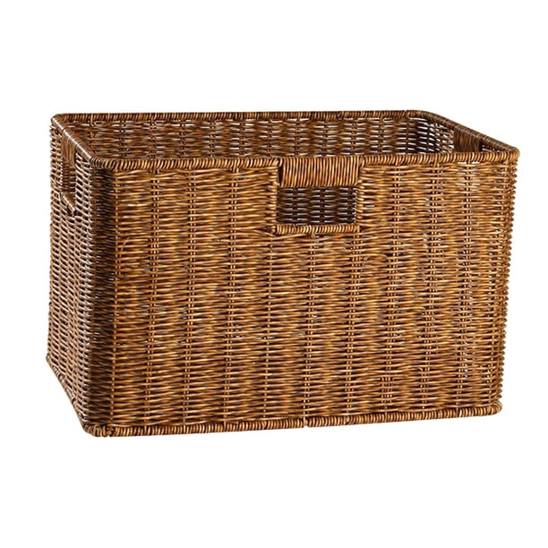 Cesta Decorativa Rectangular de Mimbre de Imitación con Asas para Armarios, Armarios, Toallas, Libros, Servilletas, Resistente, Fácil de Limpiar, Colo , 38x26x24cm