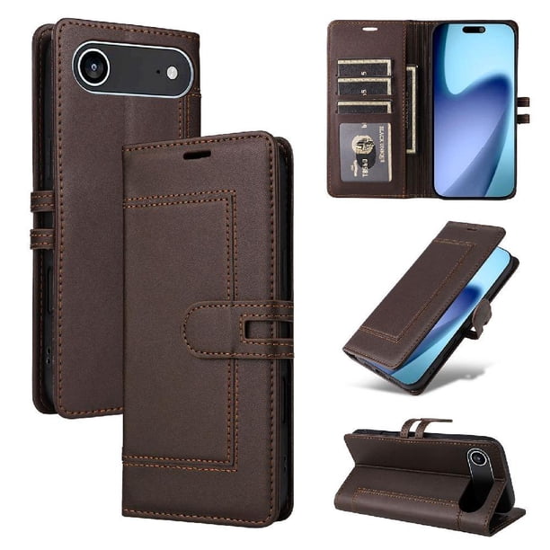 Premium Wallet Case for iPhone 17 Air with Card Slots & Kickstand, Flip Cover Brown