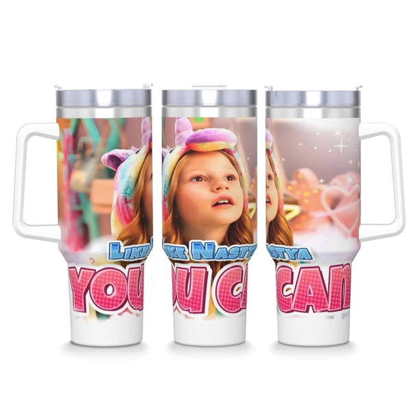 Como Nastya Vaso aislado de acero inoxidable con asa, diseño temático, regalo para familia, amigos y fans; incluye pajita y encaja en el portavasos estándar, 40 oz
