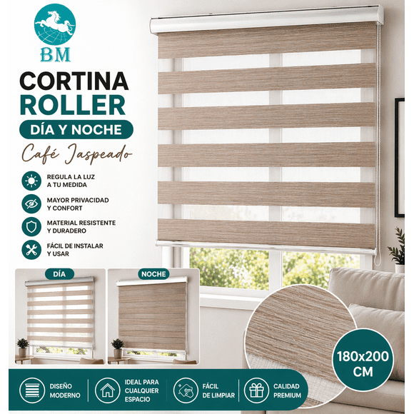 Cortina Roller Día y Noche Café Jaspeado 180x200 cm | Doble Tela Zebra