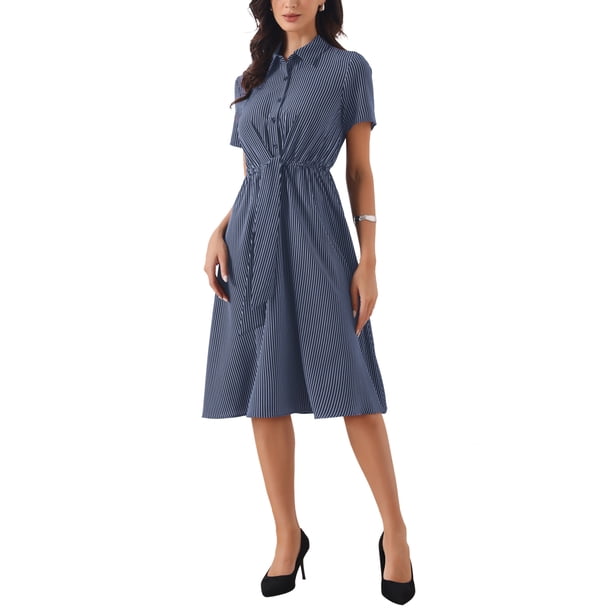 INSPIRE CHIC Vestido de trabajo a rayas para mujer con cuello de solapa, cintura con lazo, botones, manga corta, largo casual, talla S, azul oscuro