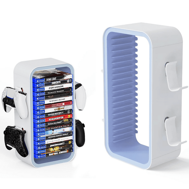 15.8 In Game Storage Tower Compatible With PS5/ Xbox Series S & X/ Switch, Universal Video Game Disc Organizer 18 In 1 With 4 Controller Brackets, Game Disk Box Bracket-Blanco/Azul