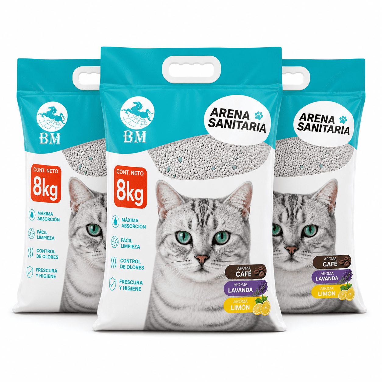 Pack 3 Arena Sanitaria para Gatos 24Kg Aromas Café Lavanda Limón Absorbente Control Olores BM