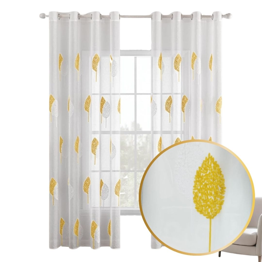 Genérico - Cortina Visillo 140X240 Velo Bordado Hojas Blanco Amarillo