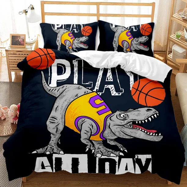 Dinosaur Comforter Cover Sports Bedding Set Basketball Duvet Cover Kid Boy Dinos Hip Hop Rock Music Hippie Polyester Quilt Cover Bed Sheets