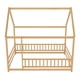 thumbnail image 3 of Full Size Floor Wooden Bed with House Roof Frame, Fence Guardrails,Natural, 3 of 3