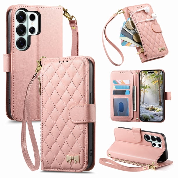 Funda tipo cartera FOXDOCK para Samsung Galaxy S26 Ultra, estampado de diamantes, con ranuras para tarjetas, soporte y cremallera - Rosa
