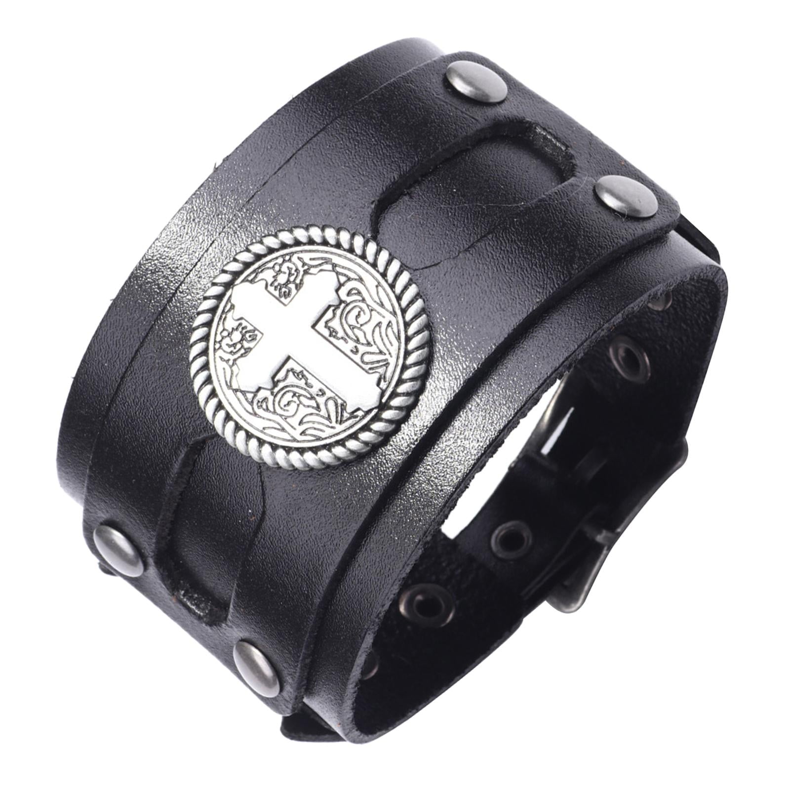 Magideal - Pulseras De Material Cuero Punk Para Hombres, Pulseras Hechas , Brazalete Ancho, Joyería , Negro, , Ajustable, Para , Niñas, Ni